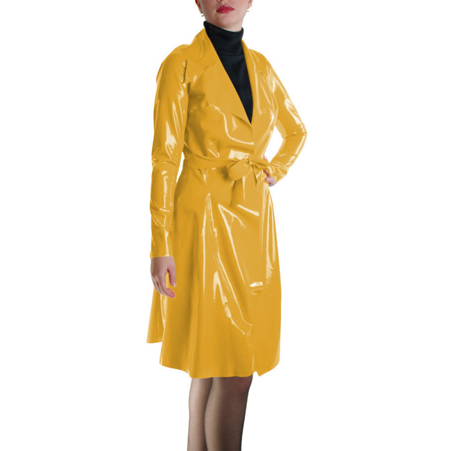 Glossy Faux Leather Belted Wrap Evening Events Midi Dress Shiny PVC Wetlook Trench Long Sleeve Club Coat Cocktail Party Outfit