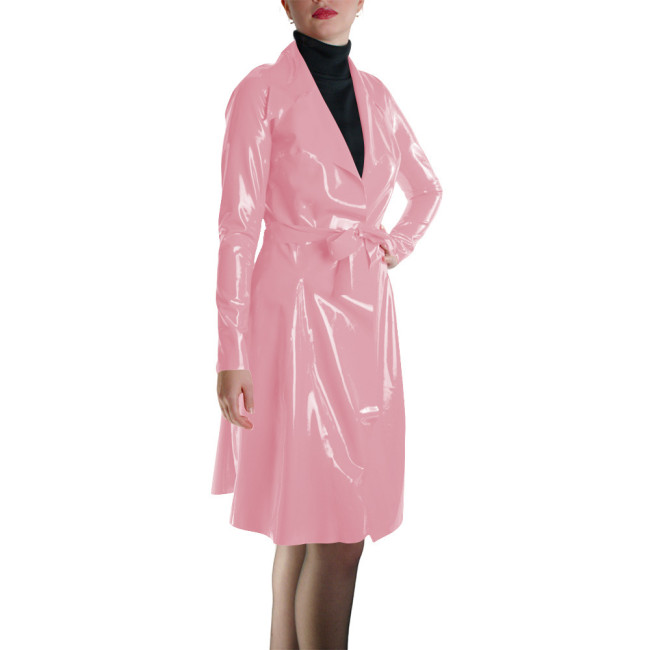 Glossy Faux Leather Belted Wrap Evening Events Midi Dress Shiny PVC Wetlook Trench Long Sleeve Club Coat Cocktail Party Outfit