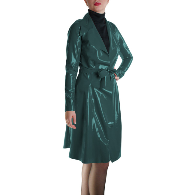 Glossy Faux Leather Belted Wrap Evening Events Midi Dress Shiny PVC Wetlook Trench Long Sleeve Club Coat Cocktail Party Outfit