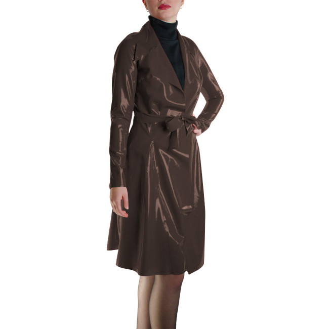 Glossy Faux Leather Belted Wrap Evening Events Midi Dress Shiny PVC Wetlook Trench Long Sleeve Club Coat Cocktail Party Outfit