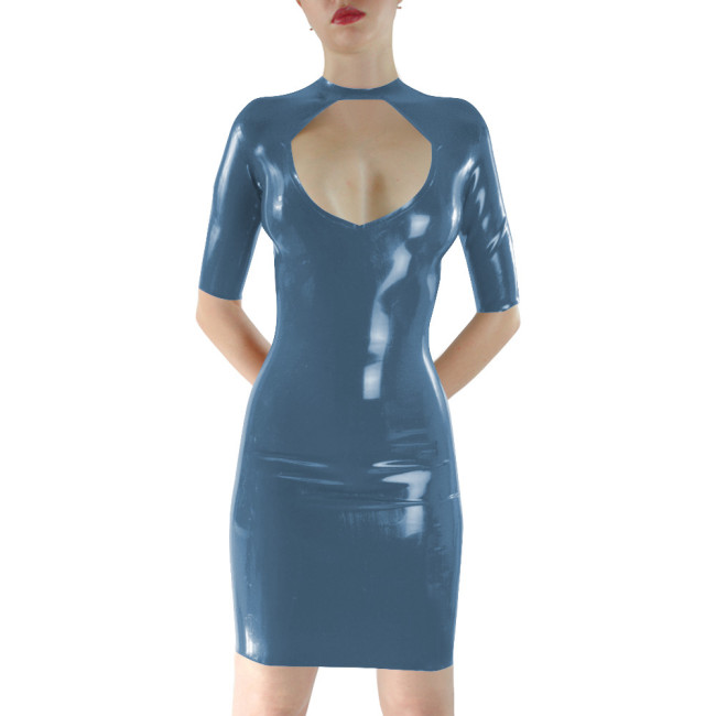 Wetlook Half Sleeve Open Chest Dress Shiny PVC Back Zipper Bodycon Mini Dress Glossy Faux Leather Party Women Fashion Clubwear