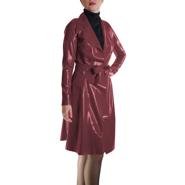 Glossy Faux Leather Belted Wrap Evening Events Midi Dress Shiny PVC Wetlook Trench Long Sleeve Club Coat Cocktail Party Outfit