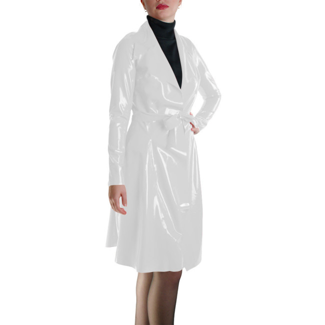 Glossy Faux Leather Belted Wrap Evening Events Midi Dress Shiny PVC Wetlook Trench Long Sleeve Club Coat Cocktail Party Outfit