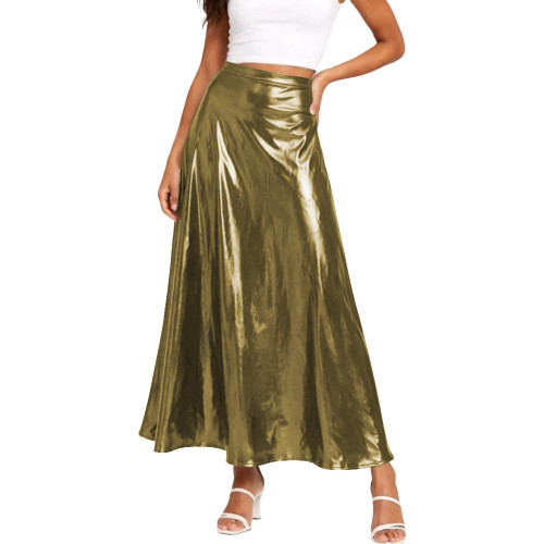 Liquid Metallic Romantic Maxi Skirt High Waist Flared A-line Dress Sexy Everning Outfit Soft Silky Party Llong Skirt Streetwear