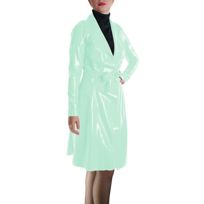 Glossy Faux Leather Belted Wrap Evening Events Midi Dress Shiny PVC Wetlook Trench Long Sleeve Club Coat Cocktail Party Outfit