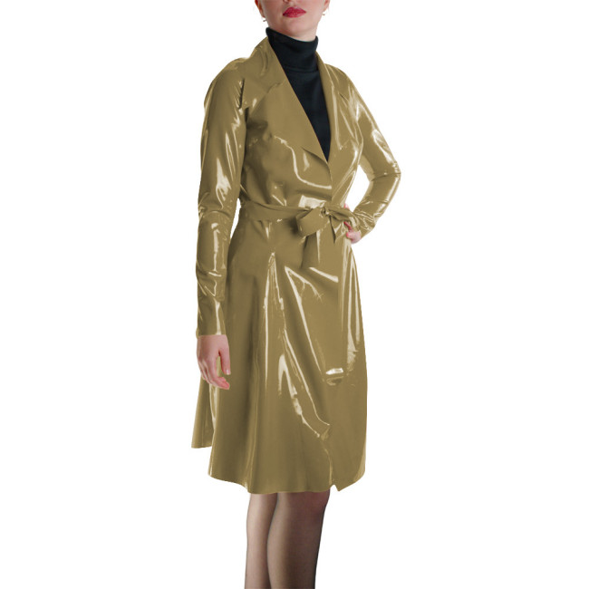 Glossy Faux Leather Belted Wrap Evening Events Midi Dress Shiny PVC Wetlook Trench Long Sleeve Club Coat Cocktail Party Outfit
