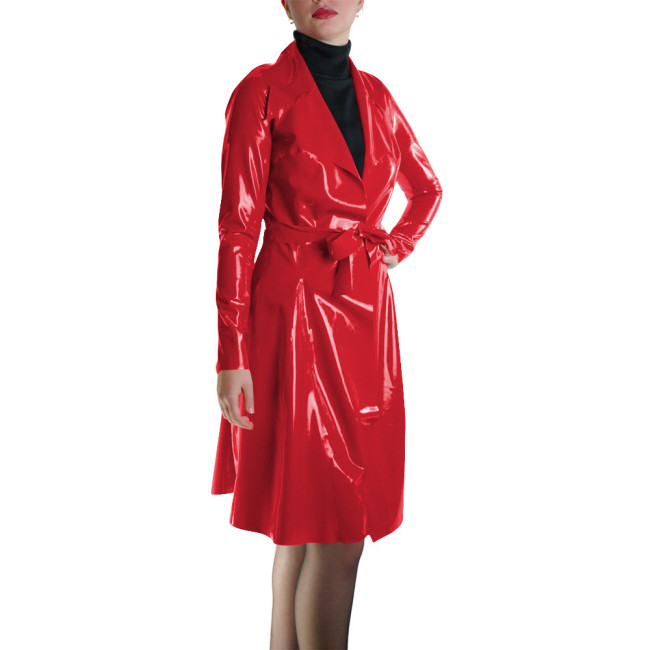 Glossy Faux Leather Belted Wrap Evening Events Midi Dress Shiny PVC Wetlook Trench Long Sleeve Club Coat Cocktail Party Outfit