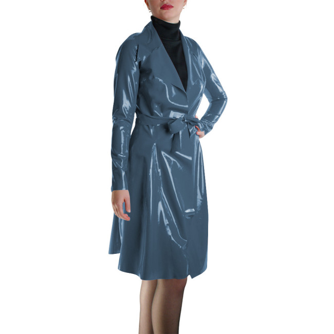 Glossy Faux Leather Belted Wrap Evening Events Midi Dress Shiny PVC Wetlook Trench Long Sleeve Club Coat Cocktail Party Outfit