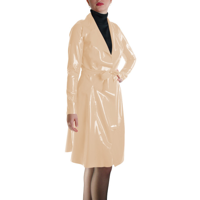 Glossy Faux Leather Belted Wrap Evening Events Midi Dress Shiny PVC Wetlook Trench Long Sleeve Club Coat Cocktail Party Outfit