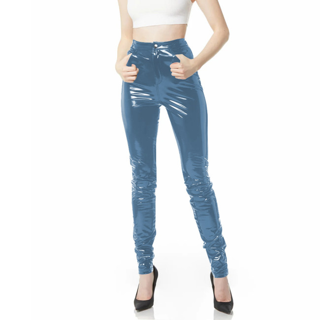 Shiny PVC High Waist Skinny Long Party Pencil Pants Wetlook Gothic Stretch Trousers Pockets  Fetish Office Sexy Ladies Spodnie