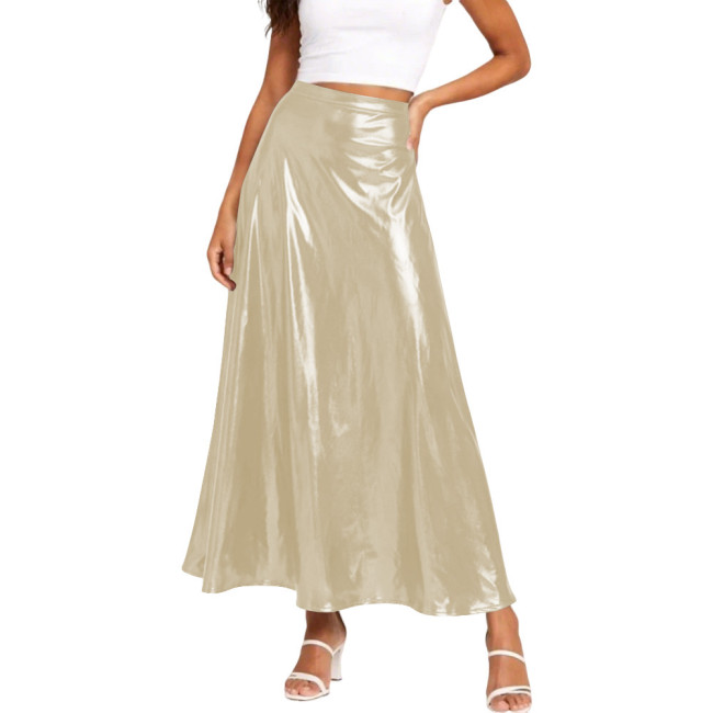 Liquid Metallic Romantic Maxi Skirt High Waist Flared A-line Dress Sexy Everning Outfit Soft Silky Party Llong Skirt Streetwear