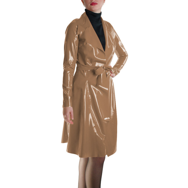 Glossy Faux Leather Belted Wrap Evening Events Midi Dress Shiny PVC Wetlook Trench Long Sleeve Club Coat Cocktail Party Outfit