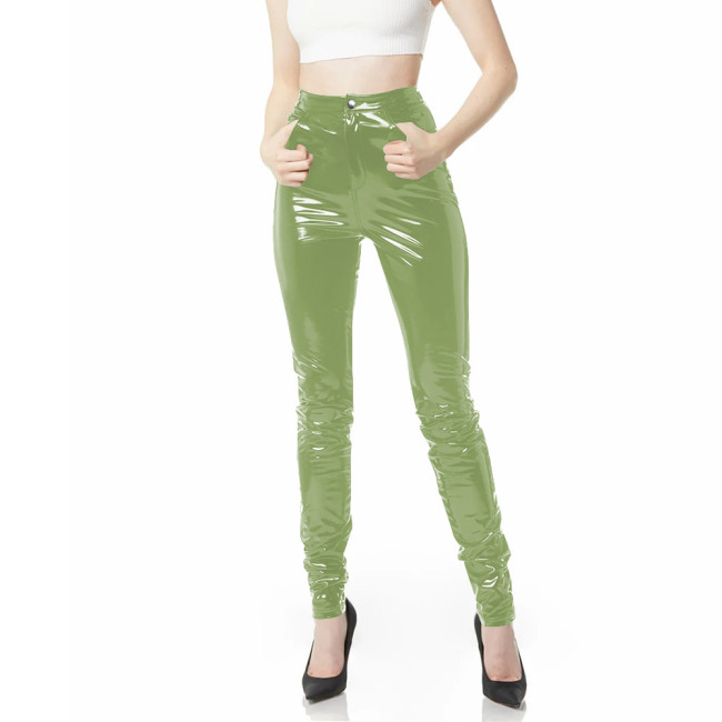 Shiny PVC High Waist Skinny Long Party Pencil Pants Wetlook Gothic Stretch Trousers Pockets  Fetish Office Sexy Ladies Spodnie