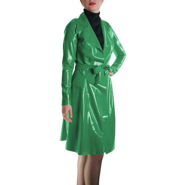 Glossy Faux Leather Belted Wrap Evening Events Midi Dress Shiny PVC Wetlook Trench Long Sleeve Club Coat Cocktail Party Outfit