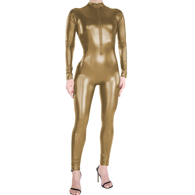 Adult Party Matte Faux Leather Clubwear High Neck Full Bodysuit Sexy Front Zipper Catsuit Gothic Fetish Long Sleeve Jumpsuit