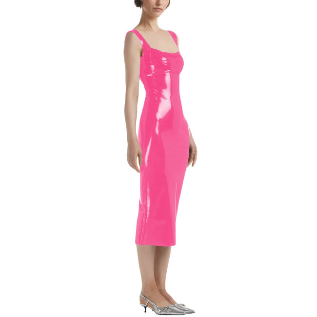 Lady Sexy Sleeveless Midi Dress Vinyl PVC Leather Pleated Bodycon Square Collar Dress Plunging Neckline Pajamas Night Party Wear