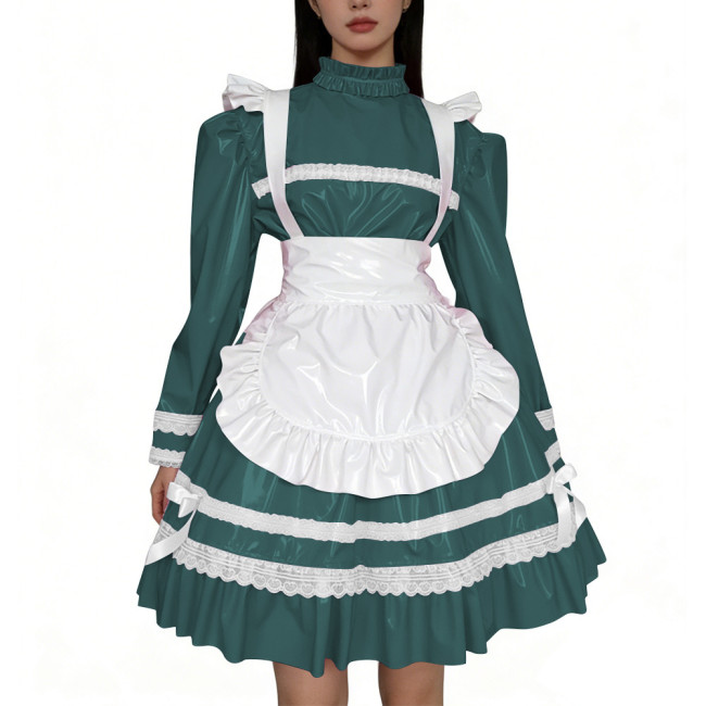 Shiny PVC Leather French Maid Cosplay Dress Lace Lolita Apron Halloween Maid Uniforms Party Knee-length Fetish Cross-dresser