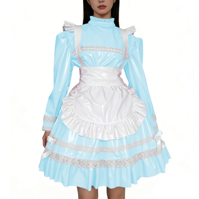 Shiny PVC Leather French Maid Cosplay Dress Lace Lolita Apron Halloween Maid Uniforms Party Knee-length Fetish Cross-dresser