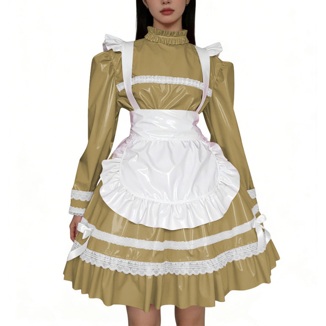 Shiny PVC Leather French Maid Cosplay Dress Lace Lolita Apron Halloween Maid Uniforms Party Knee-length Fetish Cross-dresser