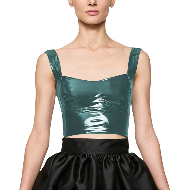 Women Party Glossy PVC Square Neck Crop Top Wide Straps Backless Wetlook Cocktail Sexy Clubwear Gothic Fetish Back Zipper Top
