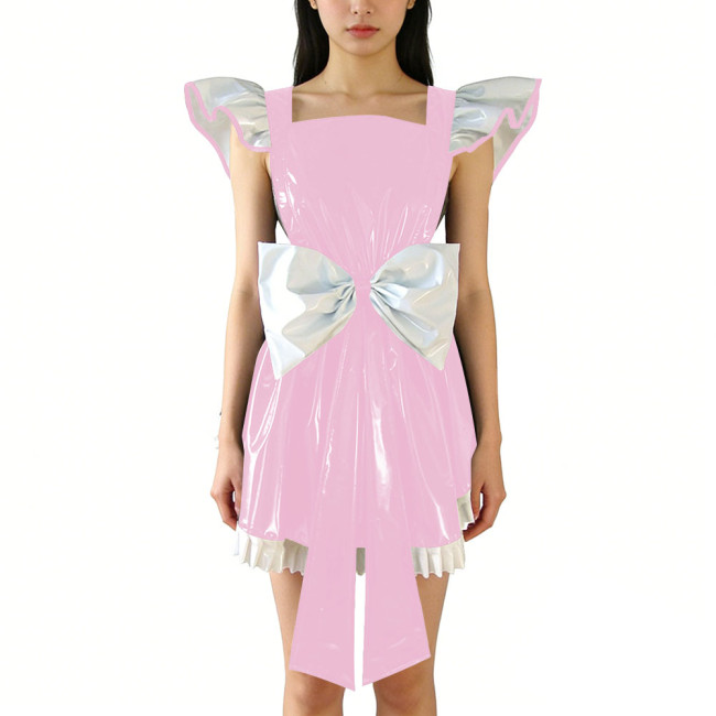 Shiny PVC Leather Fly Sleeve Cosplay Mini Dress Women Sweet Big Bow Party Dress Cocktail Square Neck Lolita Halloween Ruffle
