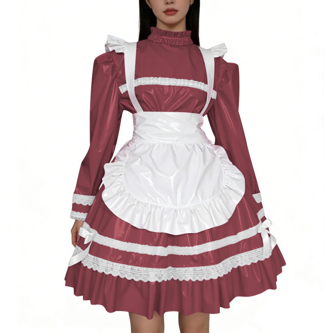 Shiny PVC Leather French Maid Cosplay Dress Lace Lolita Apron Halloween Maid Uniforms Party Knee-length Fetish Cross-dresser