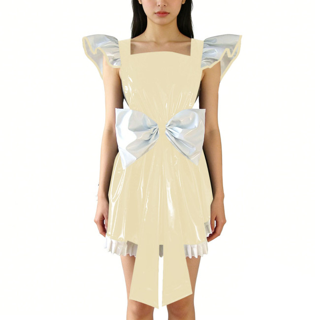 Shiny PVC Leather Fly Sleeve Cosplay Mini Dress Women Sweet Big Bow Party Dress Cocktail Square Neck Lolita Halloween Ruffle