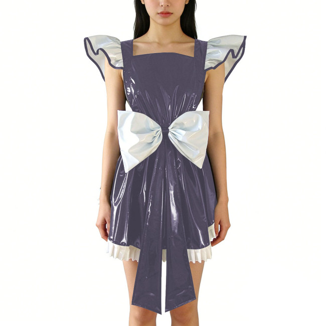 Shiny PVC Leather Fly Sleeve Cosplay Mini Dress Women Sweet Big Bow Party Dress Cocktail Square Neck Lolita Halloween Ruffle