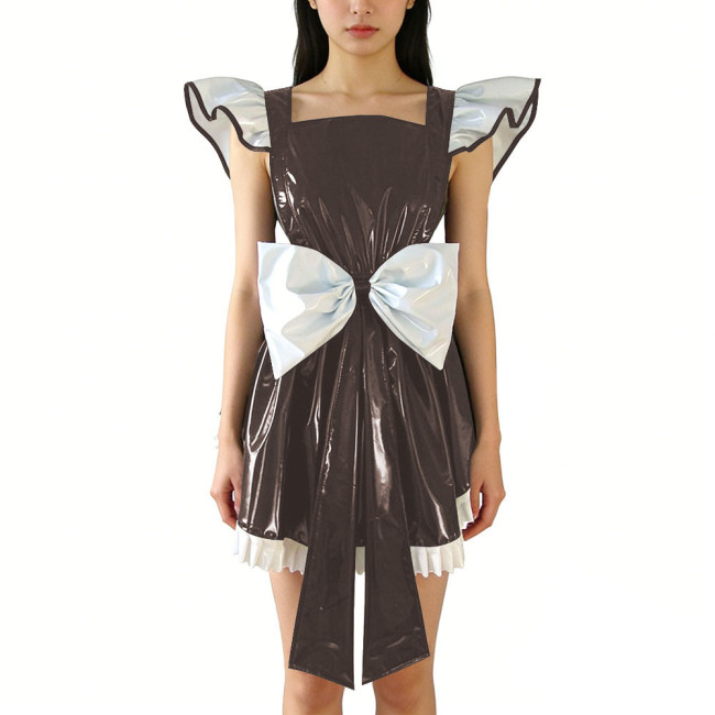 Shiny PVC Leather Fly Sleeve Cosplay Mini Dress Women Sweet Big Bow Party Dress Cocktail Square Neck Lolita Halloween Ruffle