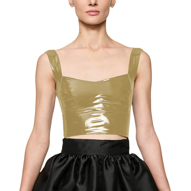 Women Party Glossy PVC Square Neck Crop Top Wide Straps Backless Wetlook Cocktail Sexy Clubwear Gothic Fetish Back Zipper Top