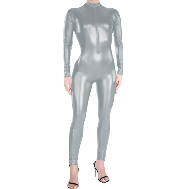 Adult Party Matte Faux Leather Clubwear High Neck Full Bodysuit Sexy Front Zipper Catsuit Gothic Fetish Long Sleeve Jumpsuit
