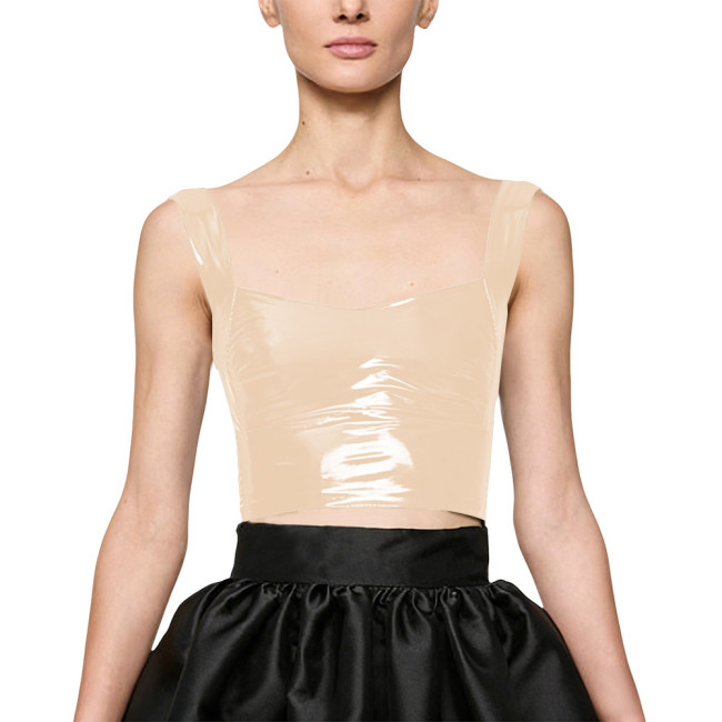 Women Party Glossy PVC Square Neck Crop Top Wide Straps Backless Wetlook Cocktail Sexy Clubwear Gothic Fetish Back Zipper Top