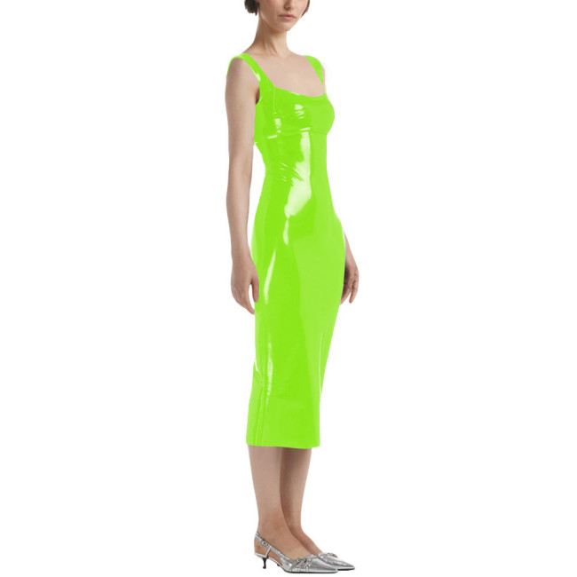 Lady Sexy Sleeveless Midi Dress Vinyl PVC Leather Pleated Bodycon Square Collar Dress Plunging Neckline Pajamas Night Party Wear