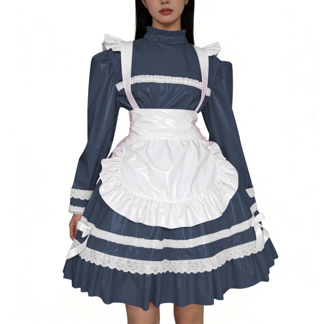 Shiny PVC Leather French Maid Cosplay Dress Lace Lolita Apron Halloween Maid Uniforms Party Knee-length Fetish Cross-dresser