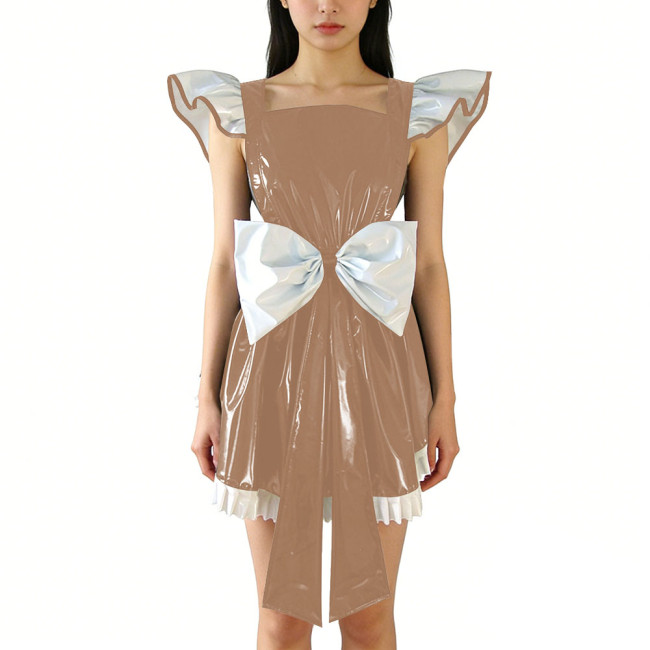 Shiny PVC Leather Fly Sleeve Cosplay Mini Dress Women Sweet Big Bow Party Dress Cocktail Square Neck Lolita Halloween Ruffle