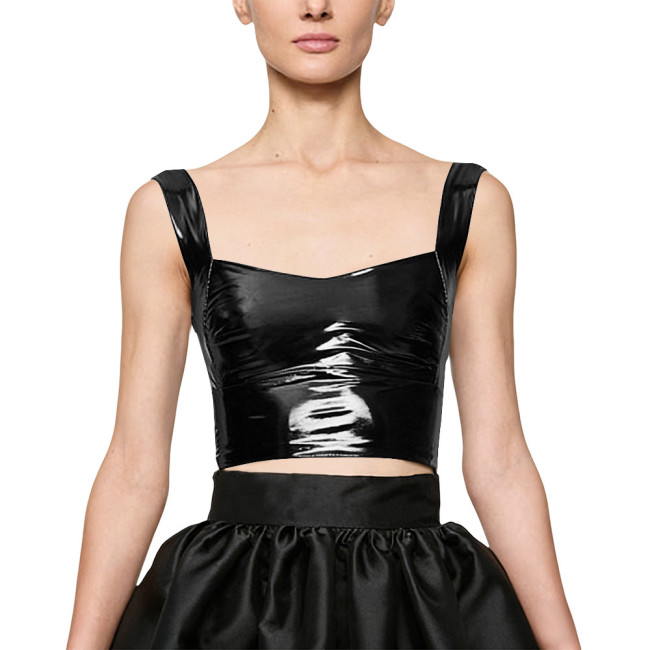 Women Party Glossy PVC Square Neck Crop Top Wide Straps Backless Wetlook Cocktail Sexy Clubwear Gothic Fetish Back Zipper Top