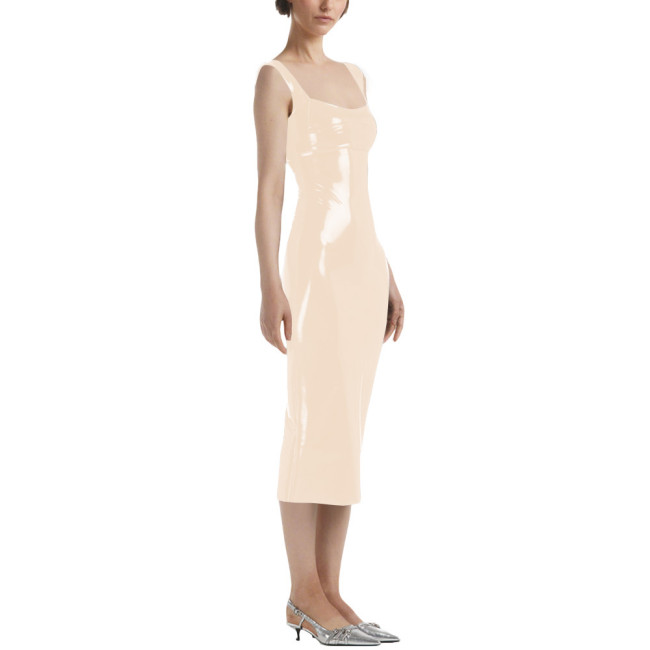 Lady Sexy Sleeveless Midi Dress Vinyl PVC Leather Pleated Bodycon Square Collar Dress Plunging Neckline Pajamas Night Party Wear