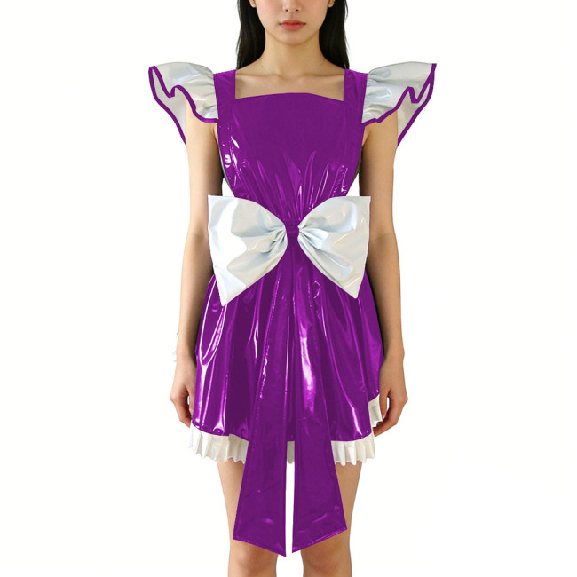 Shiny PVC Leather Fly Sleeve Cosplay Mini Dress Women Sweet Big Bow Party Dress Cocktail Square Neck Lolita Halloween Ruffle