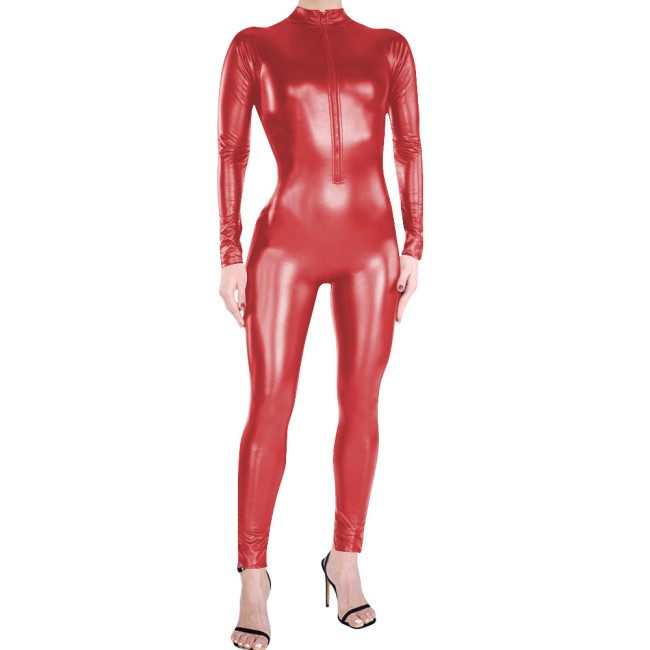 Adult Party Matte Faux Leather Clubwear High Neck Full Bodysuit Sexy Front Zipper Catsuit Gothic Fetish Long Sleeve Jumpsuit