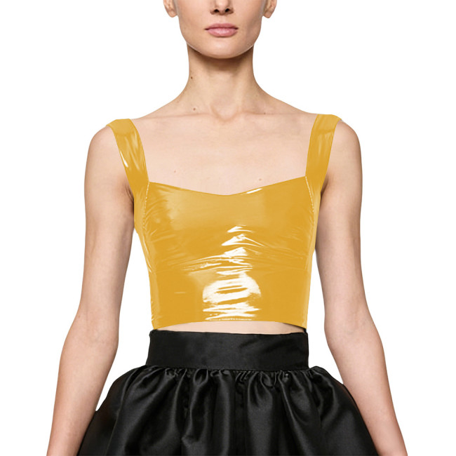 Women Party Glossy PVC Square Neck Crop Top Wide Straps Backless Wetlook Cocktail Sexy Clubwear Gothic Fetish Back Zipper Top