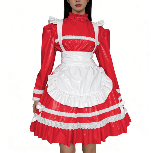 Shiny PVC Leather French Maid Cosplay Dress Lace Lolita Apron Halloween Maid Uniforms Party Knee-length Fetish Cross-dresser