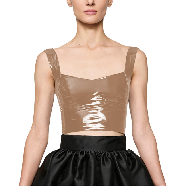 Women Party Glossy PVC Square Neck Crop Top Wide Straps Backless Wetlook Cocktail Sexy Clubwear Gothic Fetish Back Zipper Top