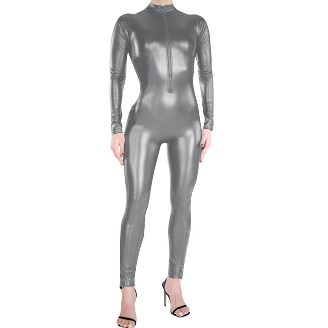 Adult Party Matte Faux Leather Clubwear High Neck Full Bodysuit Sexy Front Zipper Catsuit Gothic Fetish Long Sleeve Jumpsuit