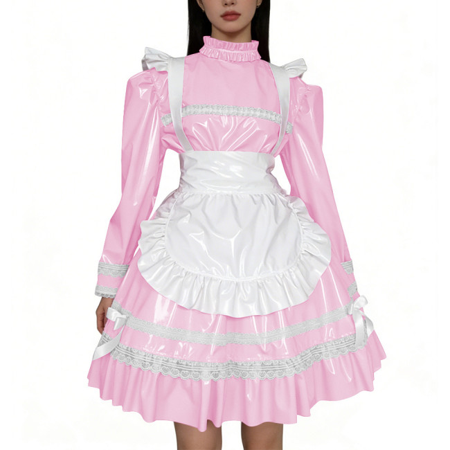 Shiny PVC Leather French Maid Cosplay Dress Lace Lolita Apron Halloween Maid Uniforms Party Knee-length Fetish Cross-dresser