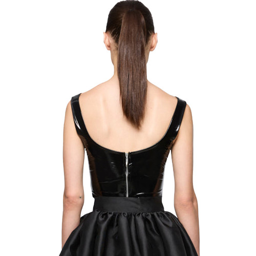 Women Party Glossy PVC Square Neck Crop Top Wide Straps Backless Wetlook Cocktail Sexy Clubwear Gothic Fetish Back Zipper Top