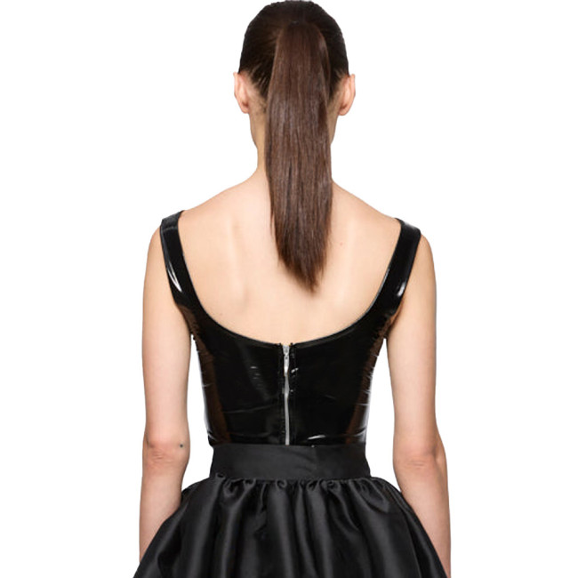 Women Party Glossy PVC Square Neck Crop Top Wide Straps Backless Wetlook Cocktail Sexy Clubwear Gothic Fetish Back Zipper Top
