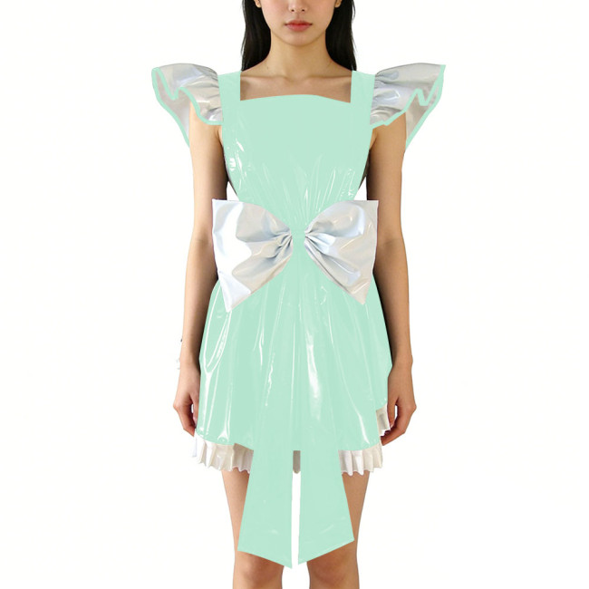 Shiny PVC Leather Fly Sleeve Cosplay Mini Dress Women Sweet Big Bow Party Dress Cocktail Square Neck Lolita Halloween Ruffle