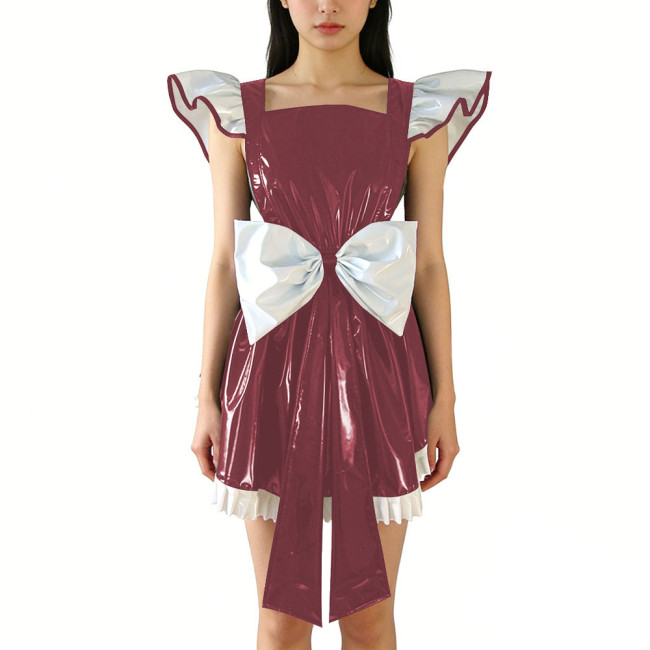 Shiny PVC Leather Fly Sleeve Cosplay Mini Dress Women Sweet Big Bow Party Dress Cocktail Square Neck Lolita Halloween Ruffle