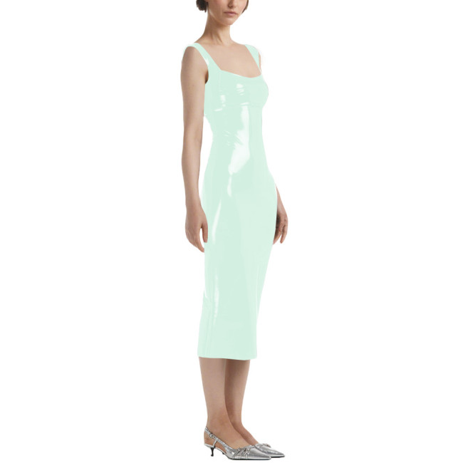Lady Sexy Sleeveless Midi Dress Vinyl PVC Leather Pleated Bodycon Square Collar Dress Plunging Neckline Pajamas Night Party Wear