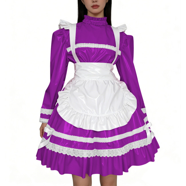 Shiny PVC Leather French Maid Cosplay Dress Lace Lolita Apron Halloween Maid Uniforms Party Knee-length Fetish Cross-dresser
